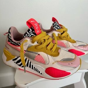 Animal, mustard, pale pink and hot pinkish/orange puma sized 7.5 (but small 7.5)